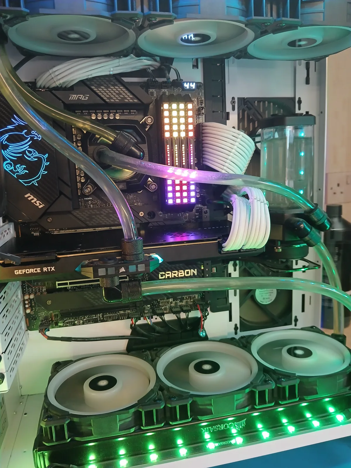Custom water-cooled gaming PC serviced in Harold Hill — RTX GPU under a water block, fresh coolant in the loop