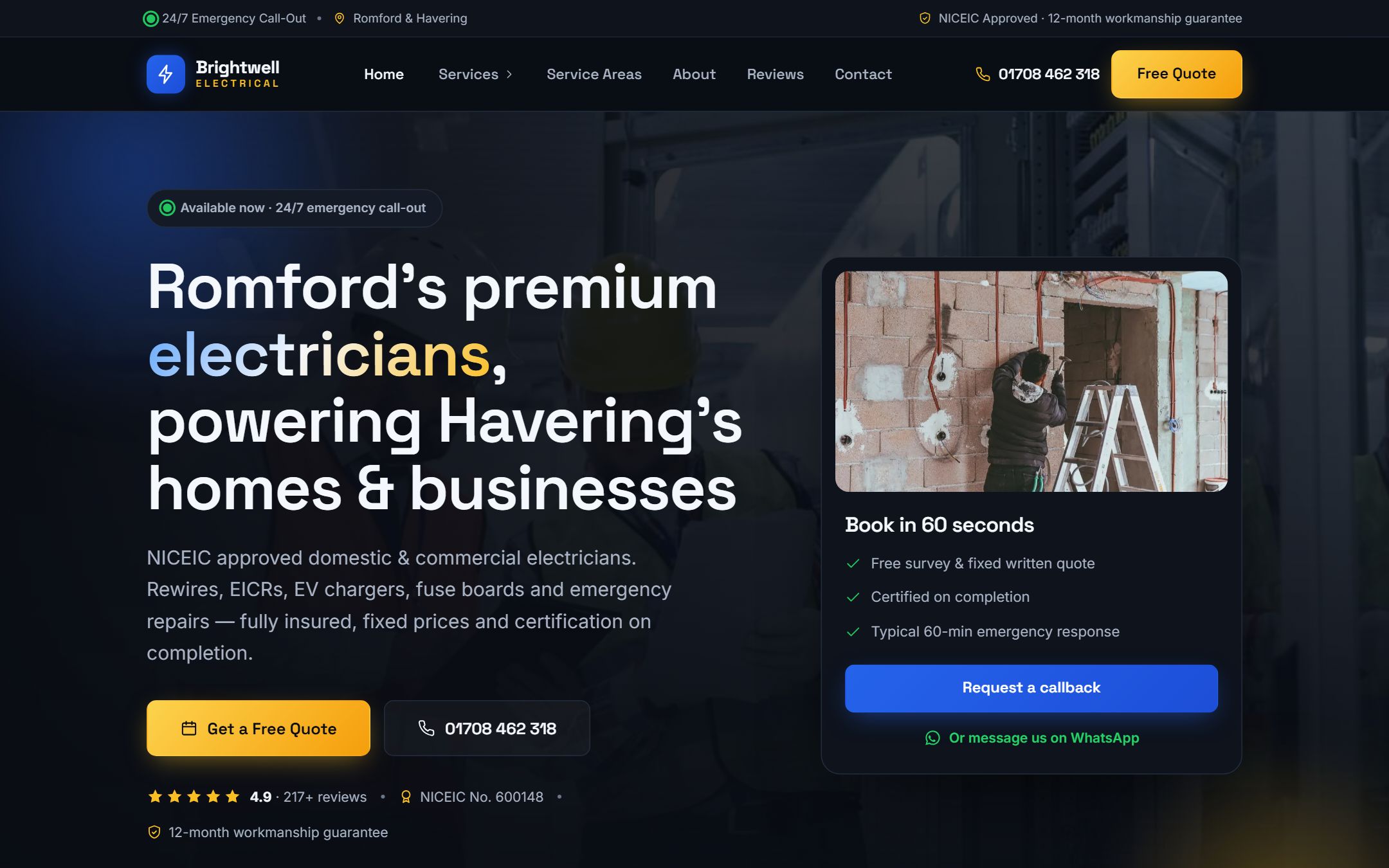 Screenshot of Brightwell Electrical homepage