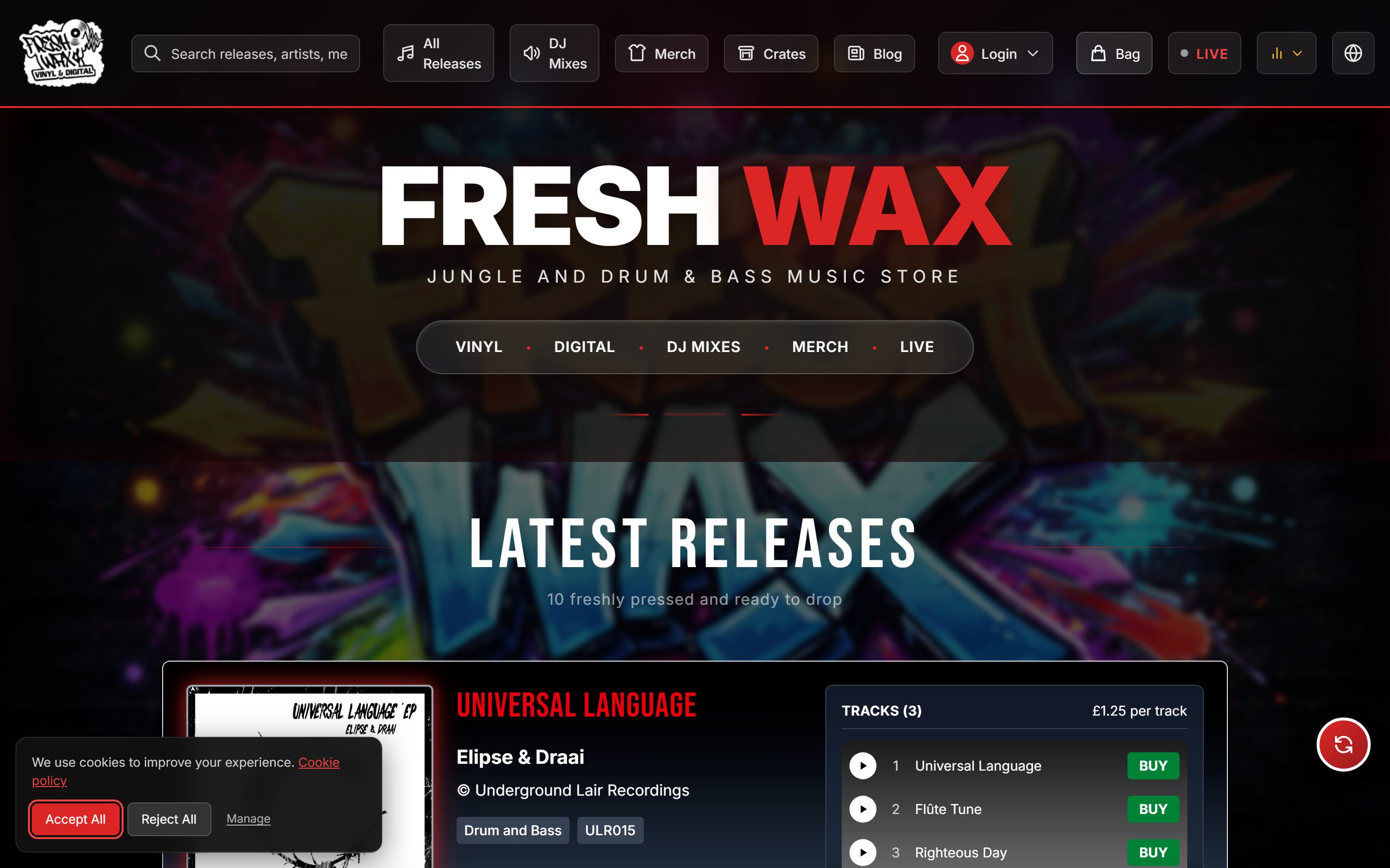 Screenshot of FreshWax homepage
