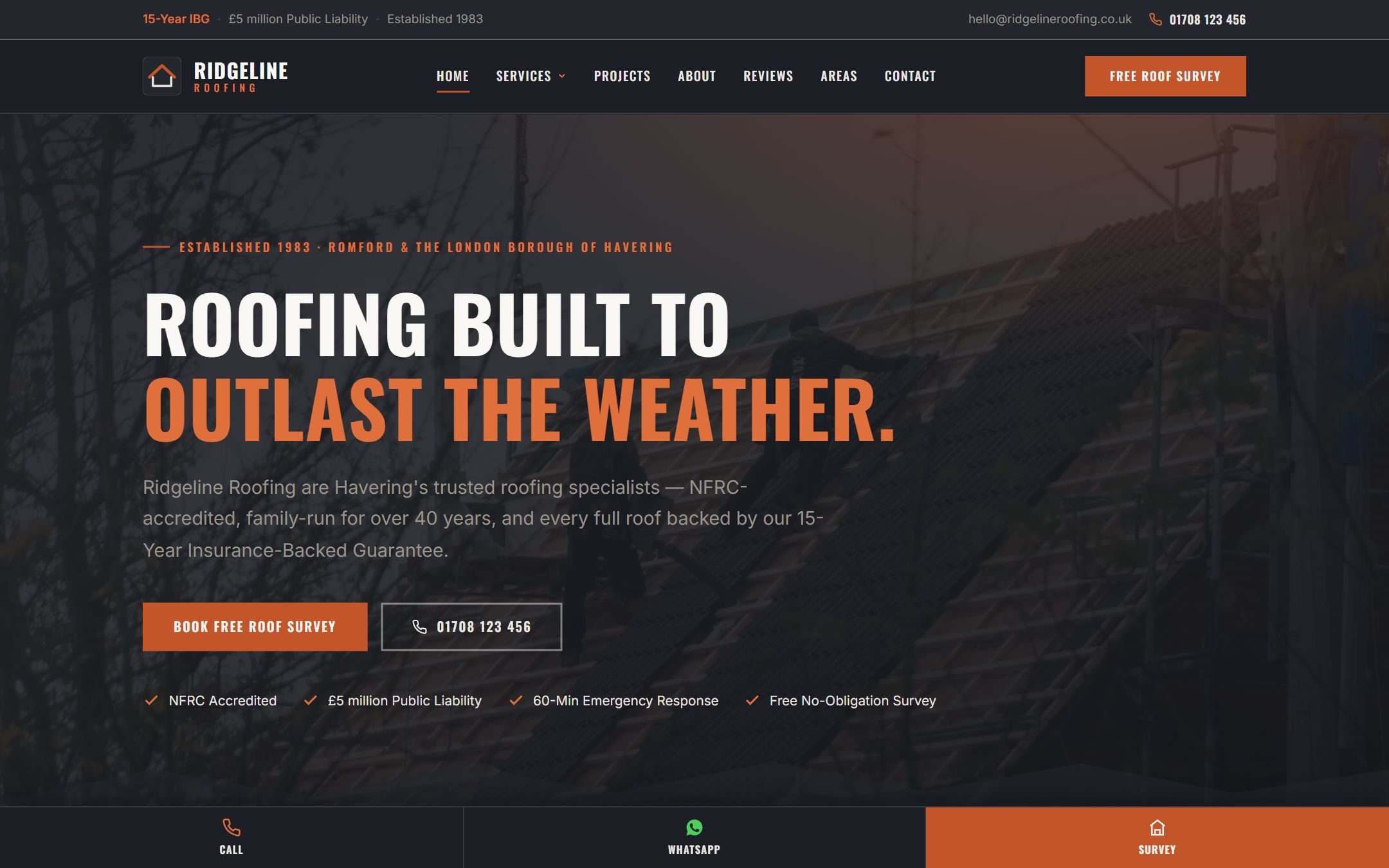 Screenshot of Ridgeline Roofing homepage